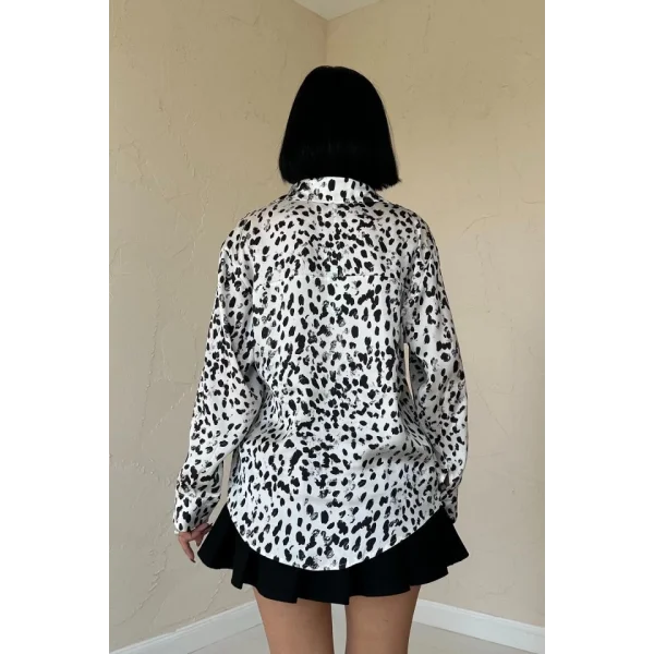 Ekru Leopar Desenli Saten Gömlek