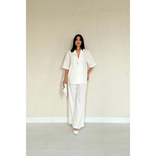 Ekru Önü Tek Düğmeli Ceket Pantolon Takım