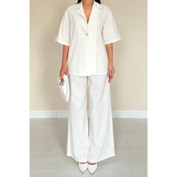 Ekru Önü Tek Düğmeli Ceket Pantolon Takım