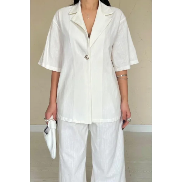 Ekru Önü Tek Düğmeli Ceket Pantolon Takım