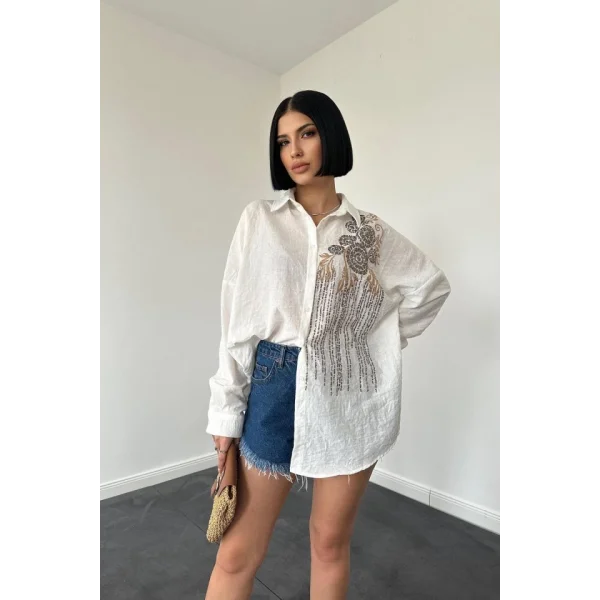 Ekru Pulpayet Nakışlı Bedensiz Gömlek