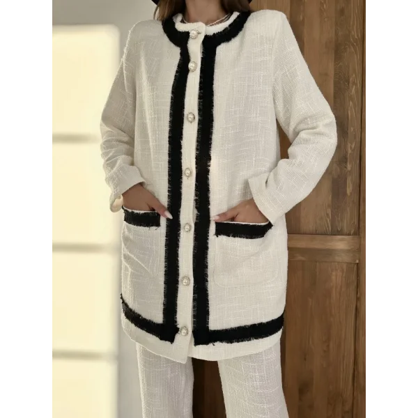 Ekru Siyah Şeritli Yakasız Ceket Ve Pantolon Takım