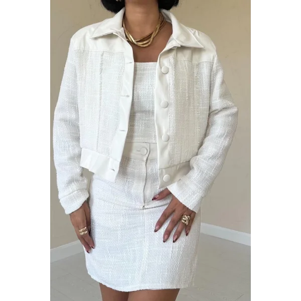 Ekru Üçlü Deri Garnili Ceket Ve Pantolon Takım