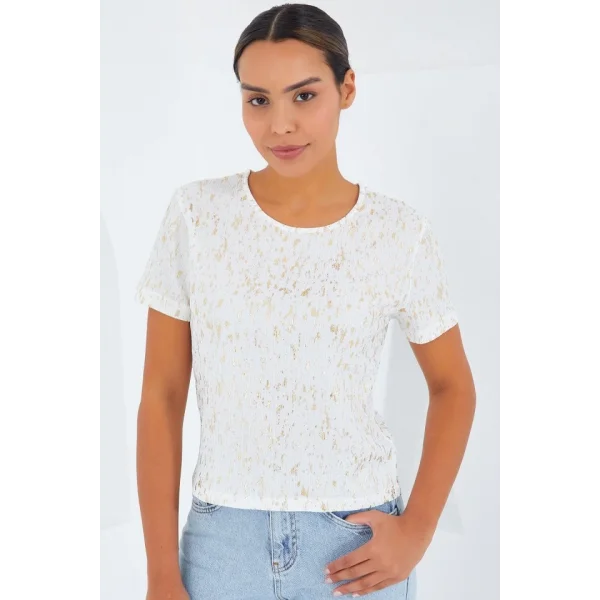 Ekru Varaklı Basic Tişört 909