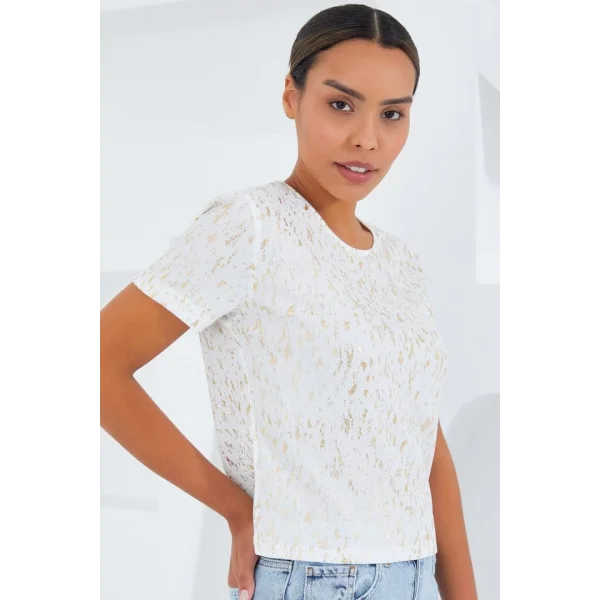 Ekru Varaklı Basic Tişört 909