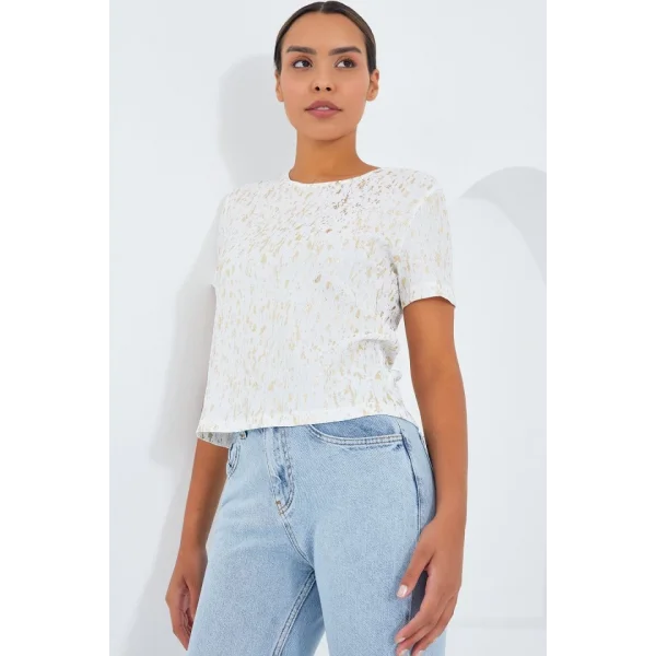 Ekru Varaklı Basic Tişört 909