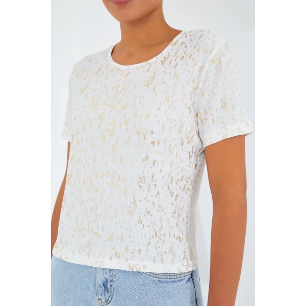 Ekru Varaklı Basic Tişört 909