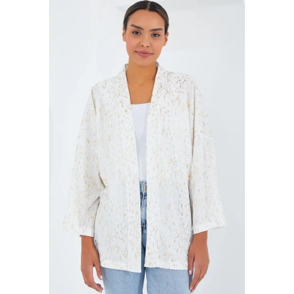 Ekru Varaklı Örme Kimono 5925