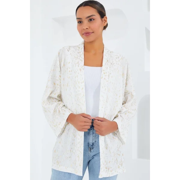 Ekru Varaklı Örme Kimono 5925