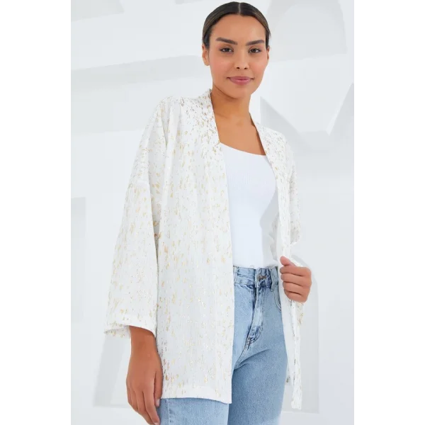 Ekru Varaklı Örme Kimono 5925