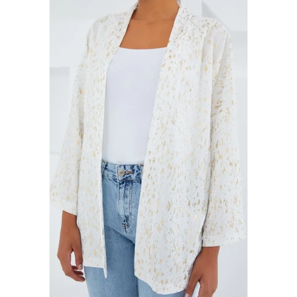 Ekru Varaklı Örme Kimono 5925