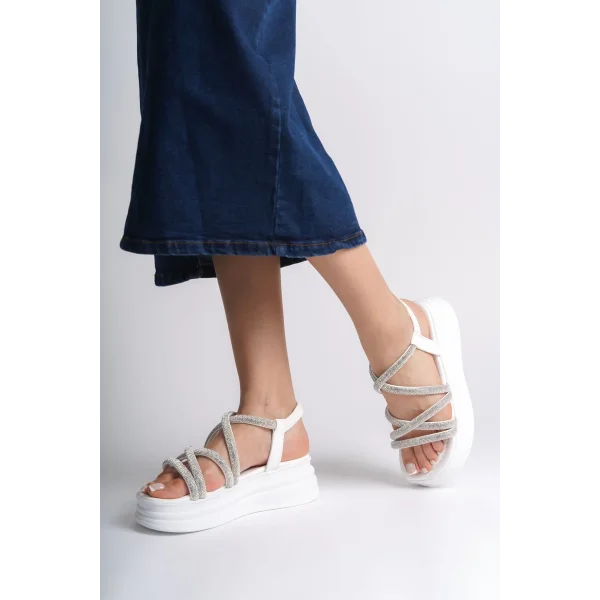 ELENA Lastikli Taşlı Şeritli Ortopedik Taban Kadın Sandalet  CBT - Beyaz