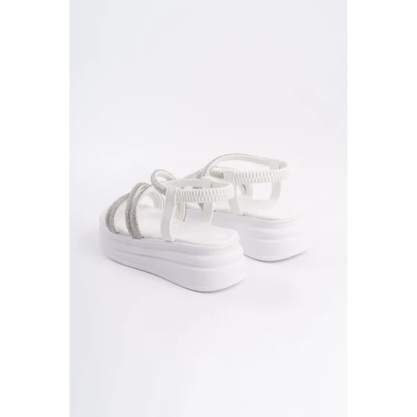 ELENA Lastikli Taşlı Şeritli Ortopedik Taban Kadın Sandalet  CBT - Beyaz