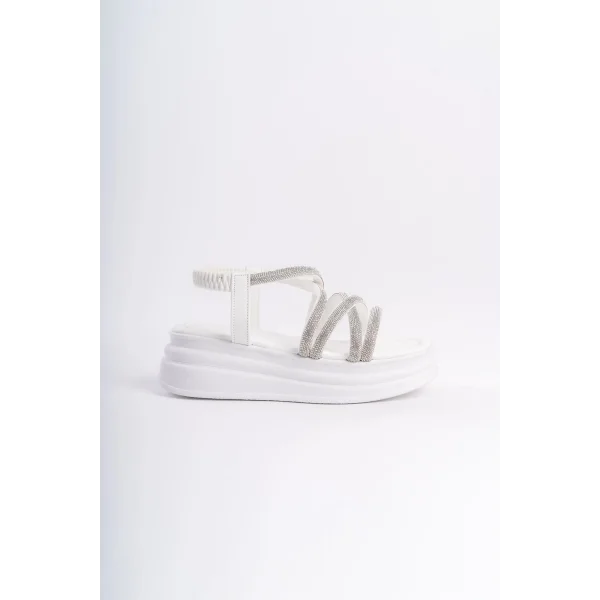 ELENA Lastikli Taşlı Şeritli Ortopedik Taban Kadın Sandalet  CBT - Beyaz