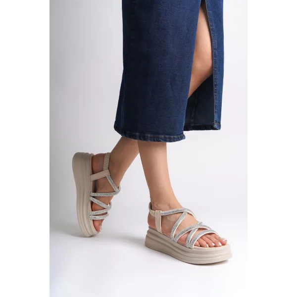 ELENA Lastikli Taşlı Şeritli Ortopedik Taban Kadın Sandalet  CKT - Krem