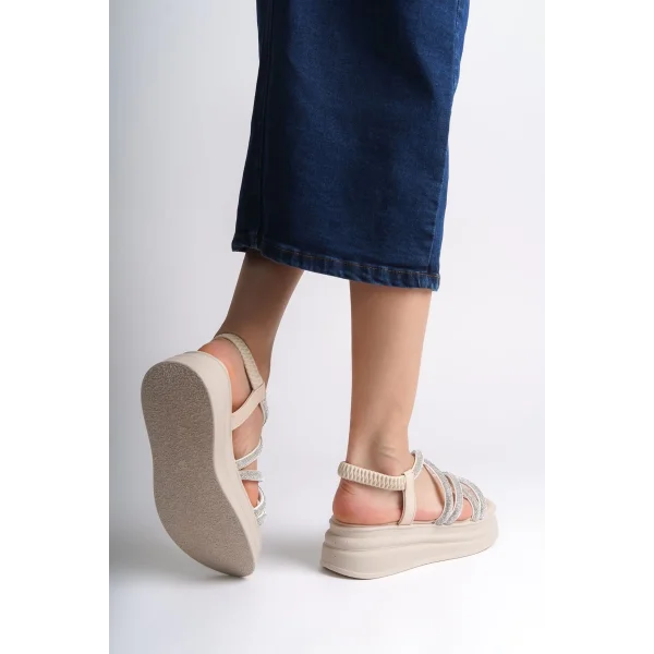 ELENA Lastikli Taşlı Şeritli Ortopedik Taban Kadın Sandalet  CKT - Krem