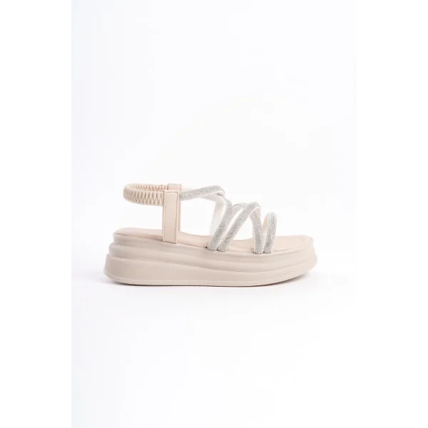 ELENA Lastikli Taşlı Şeritli Ortopedik Taban Kadın Sandalet  CKT - Krem