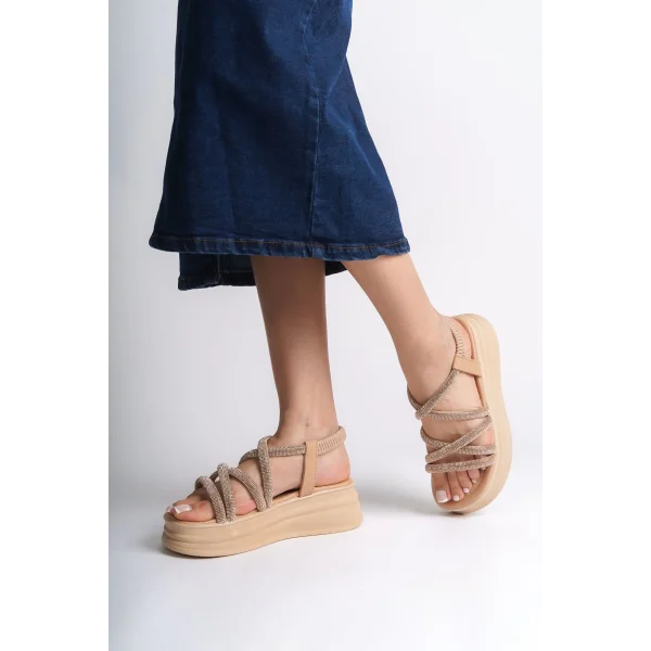 ELENA Lastikli Taşlı Şeritli Ortopedik Taban Kadın Sandalet CTT - Ten