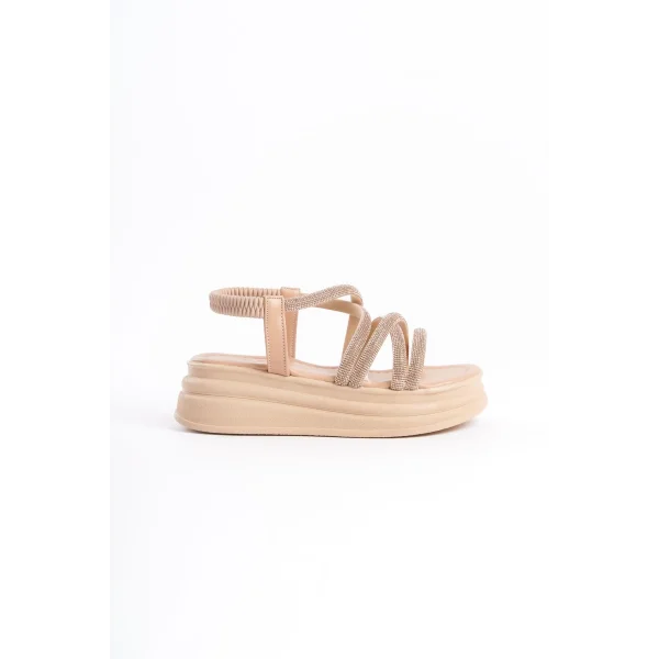 ELENA Lastikli Taşlı Şeritli Ortopedik Taban Kadın Sandalet CTT - Ten