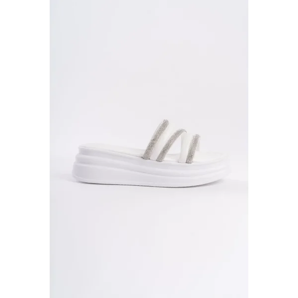 ELISE Düz Topuklu Şeritli Taşlı Kalın ve Ortopedik Taban Kadın Terlik  CBT - Beyaz