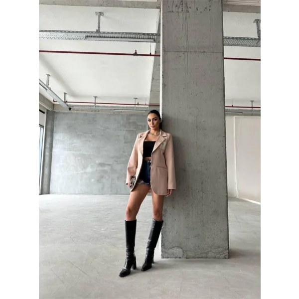 ELLO ETİKETLİ ÇENGELLİ İĞNE DETAYLI CEKET - Pudra