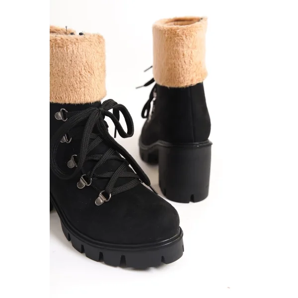 EMMA Bağcıklı Fermuarlı Ortopedik Taban Topuklu Kürk Detaylı Süet Kadın Bot SST - Siyah