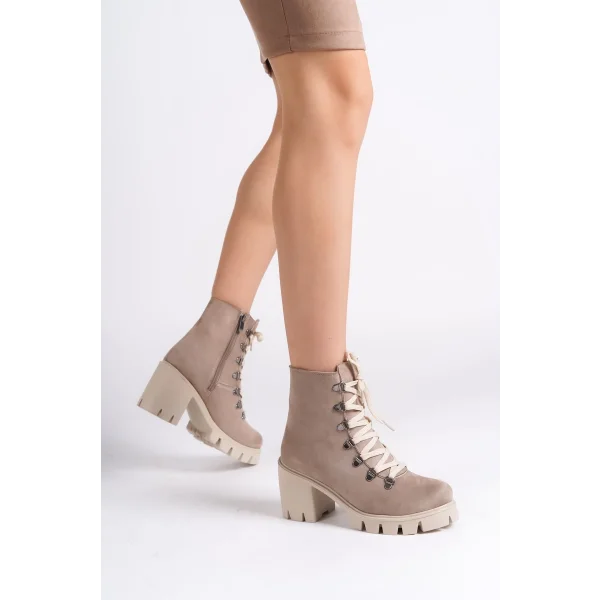 EMMA Bağcıklı Fermuarlı Ortopedik Taban Topuklu Süet Kadın Bot  STT - Ten