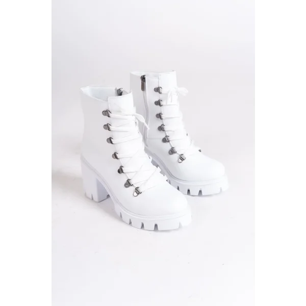 EMMA Bağcıklı Fermuarlı Ortopedik Taban Topuklu Kadın Bot CBT - Beyaz
