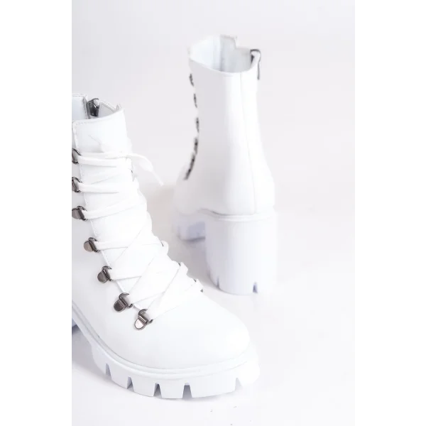 EMMA Bağcıklı Fermuarlı Ortopedik Taban Topuklu Kadın Bot CBT - Beyaz
