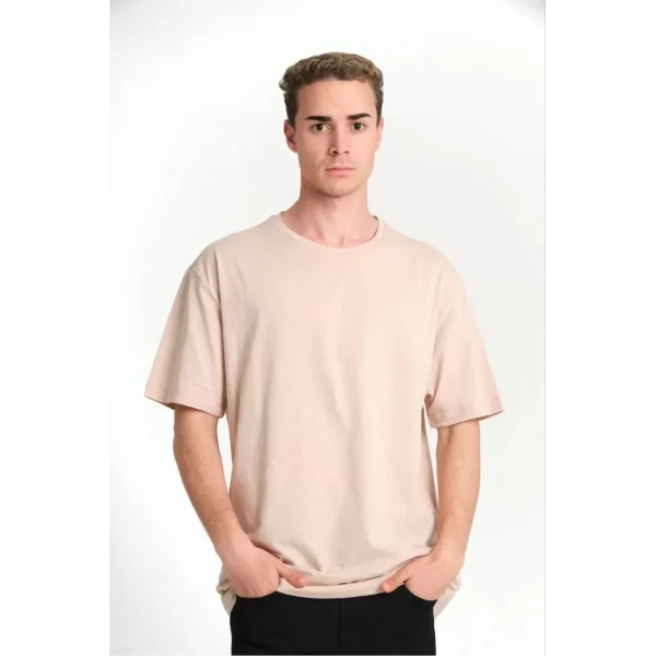 Erkek 24/1 Düz A Kalite Oversize T-shirt - Bej
