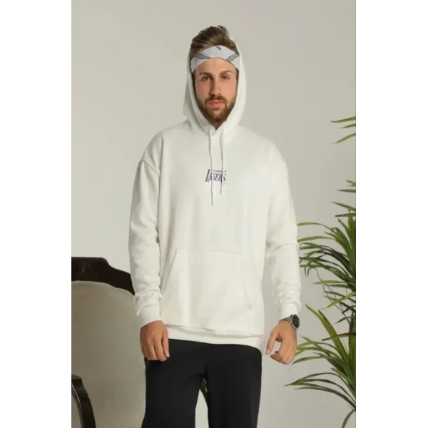 Erkek 24 Sırt Baskılı Ovresize Üç İplik Kapüşonlu Sweatshirt - Beyaz
