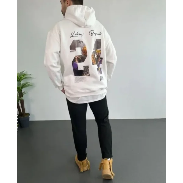 Erkek 24 Sırt Baskılı Ovresize Üç İplik Kapüşonlu Sweatshirt - Beyaz