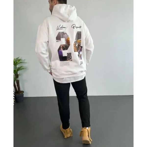 Erkek 24 Sırt Baskılı Ovresize Üç İplik Kapüşonlu Sweatshirt - Beyaz