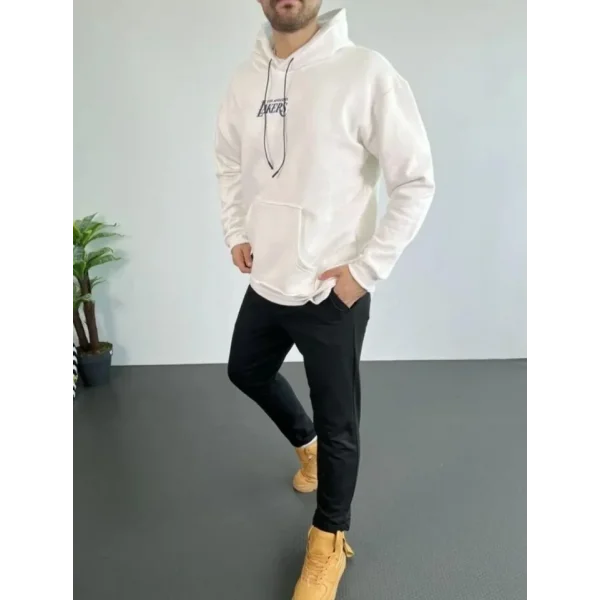 Erkek 24 Sırt Baskılı Ovresize Üç İplik Kapüşonlu Sweatshirt - Beyaz