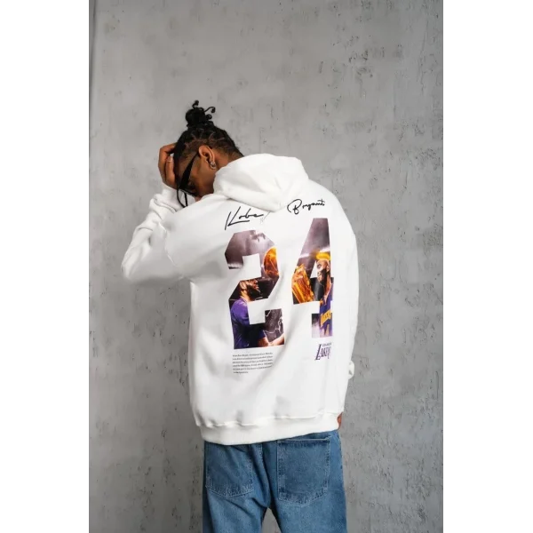 Erkek 24 Sırt Baskılı Ovresize Üç İplik Kapüşonlu Sweatshirt - Beyaz