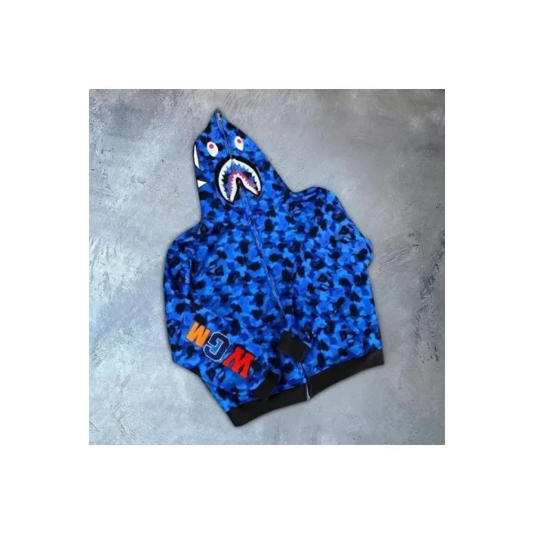 Erkek 3 İplik Bape Kapüşonu Fermuarlı Hırka - Mavi