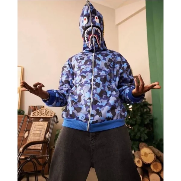 Erkek 3 İplik Bape Kapüşonu Fermuarlı Hırka - Mavi