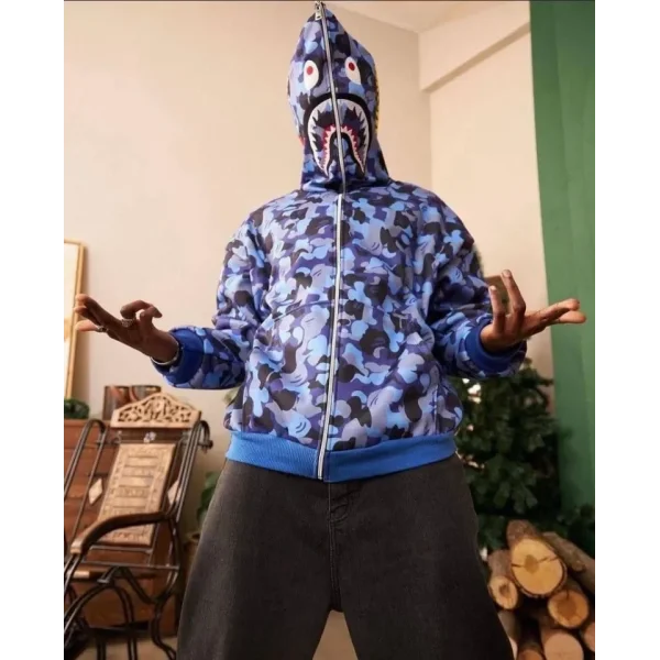 Erkek 3 İplik Bape Kapüşonu Fermuarlı Hırka - Mavi