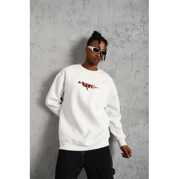 Erkek 3 İplik Gangster Baskılı Sweatshirt - Beyaz
