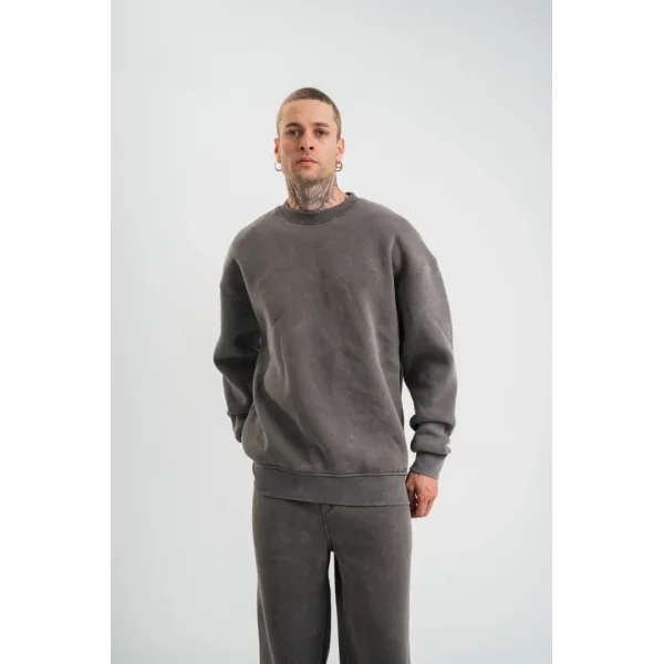 Erkek 3 İplik Pamuklu Yağ Yıkamalı Sweatshirt Double Oversize Bisiklet Yaka Uzun Kol - Füme