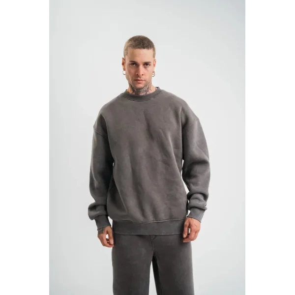 Erkek 3 İplik Pamuklu Yağ Yıkamalı Sweatshirt Double Oversize Bisiklet Yaka Uzun Kol - Füme