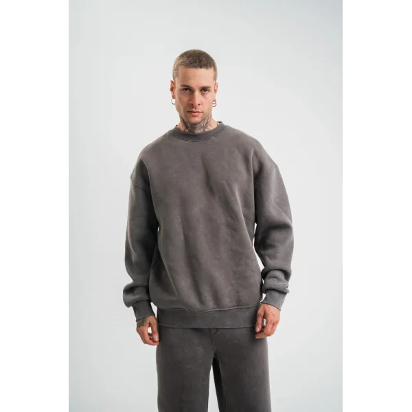 Erkek 3 İplik Pamuklu Yağ Yıkamalı Sweatshirt Double Oversize Bisiklet Yaka Uzun Kol - Füme