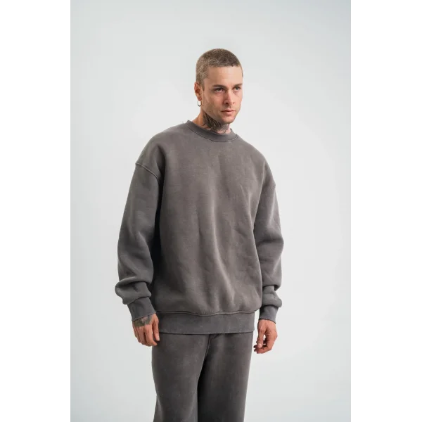 Erkek 3 İplik Pamuklu Yağ Yıkamalı Sweatshirt Double Oversize Bisiklet Yaka Uzun Kol - Füme