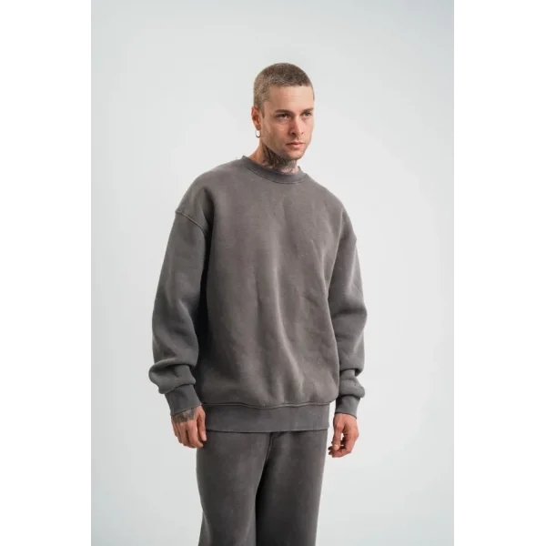Erkek 3 İplik Pamuklu Yağ Yıkamalı Sweatshirt Double Oversize Bisiklet Yaka Uzun Kol - Füme