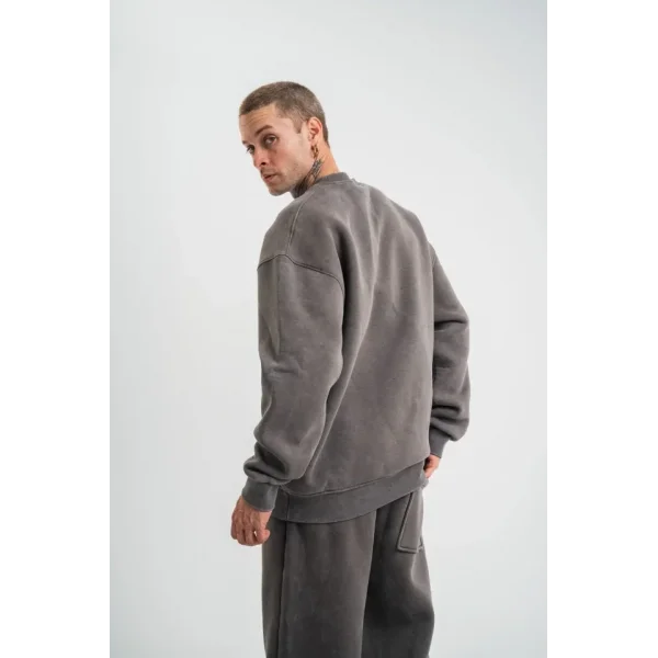 Erkek 3 İplik Pamuklu Yağ Yıkamalı Sweatshirt Double Oversize Bisiklet Yaka Uzun Kol - Füme