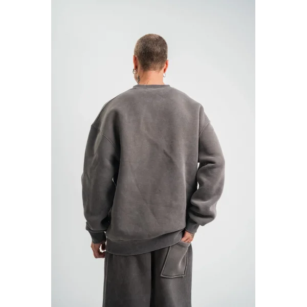Erkek 3 İplik Pamuklu Yağ Yıkamalı Sweatshirt Double Oversize Bisiklet Yaka Uzun Kol - Füme