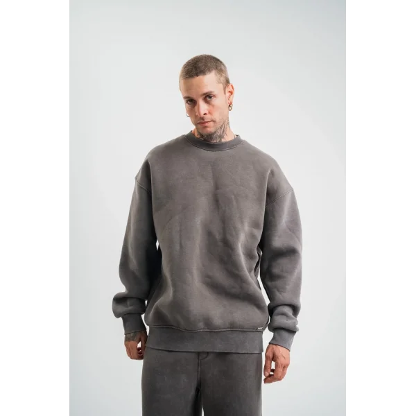 Erkek 3 İplik Pamuklu Yağ Yıkamalı Sweatshirt Double Oversize Bisiklet Yaka Uzun Kol - Füme