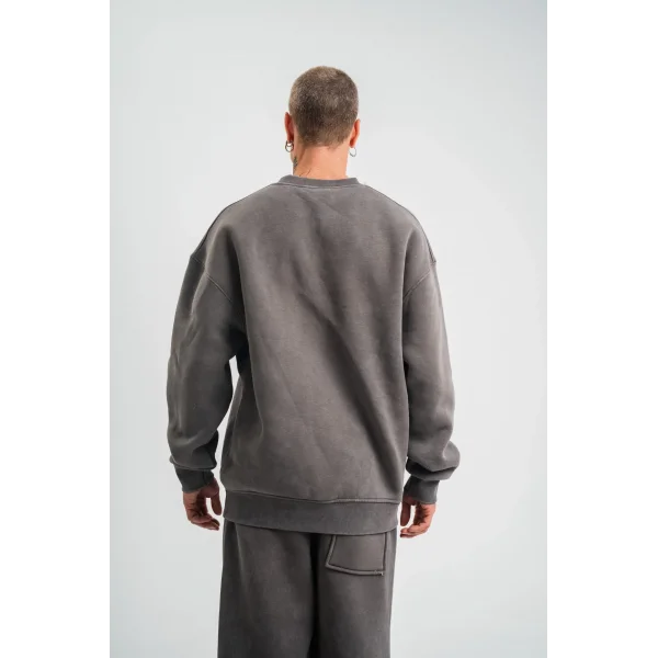 Erkek 3 İplik Pamuklu Yağ Yıkamalı Sweatshirt Double Oversize Bisiklet Yaka Uzun Kol - Füme