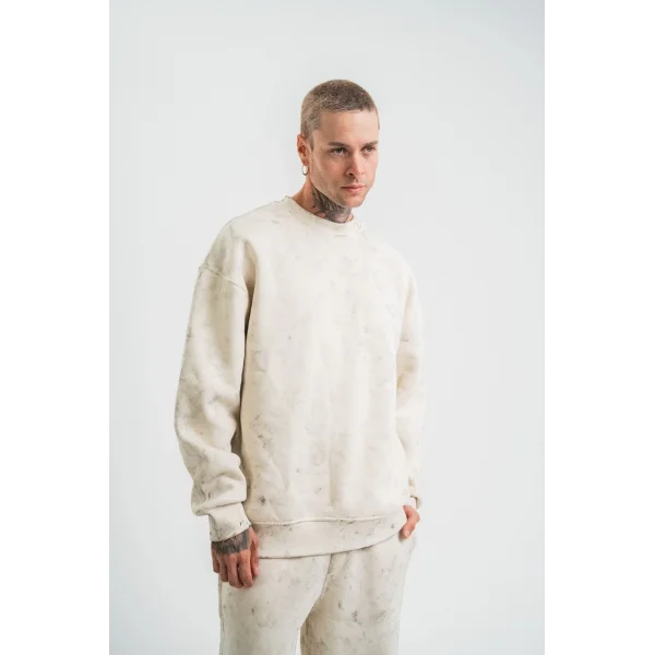 Erkek 3 İplik Pamuklu Yağ Yıkamalı Sweatshirt Double Oversize Bisiklet Yaka Uzun Kol - Krem