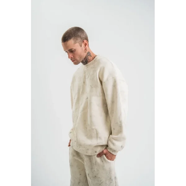 Erkek 3 İplik Pamuklu Yağ Yıkamalı Sweatshirt Double Oversize Bisiklet Yaka Uzun Kol - Krem